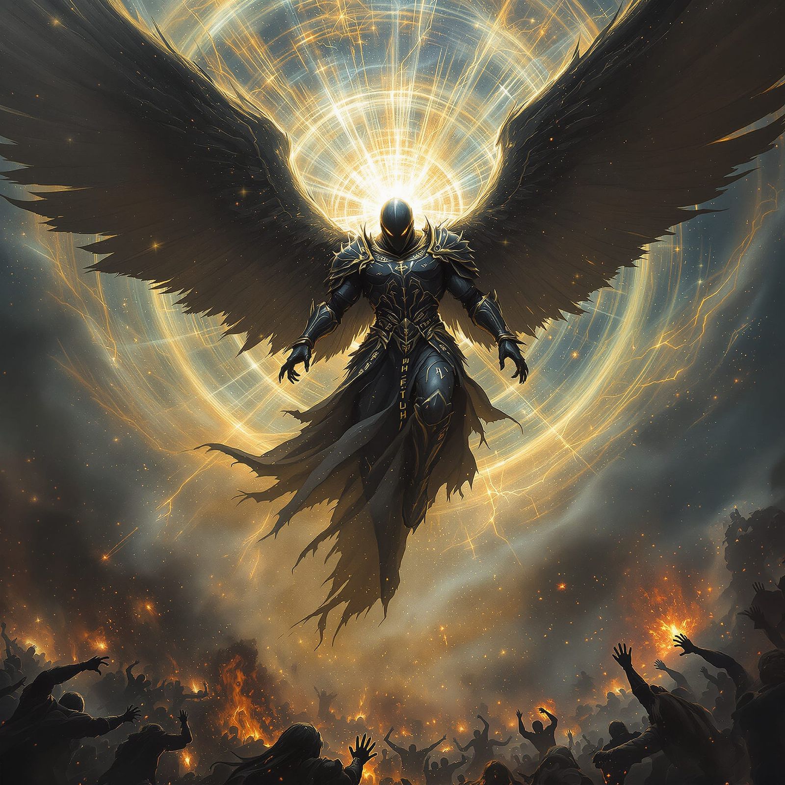 Angelic Warrior in Obsidian Armor Descends on Battlefield