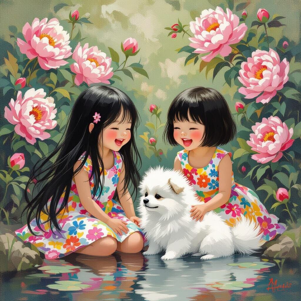 Chinese Girls Playing with Puppy in Impressionist Style