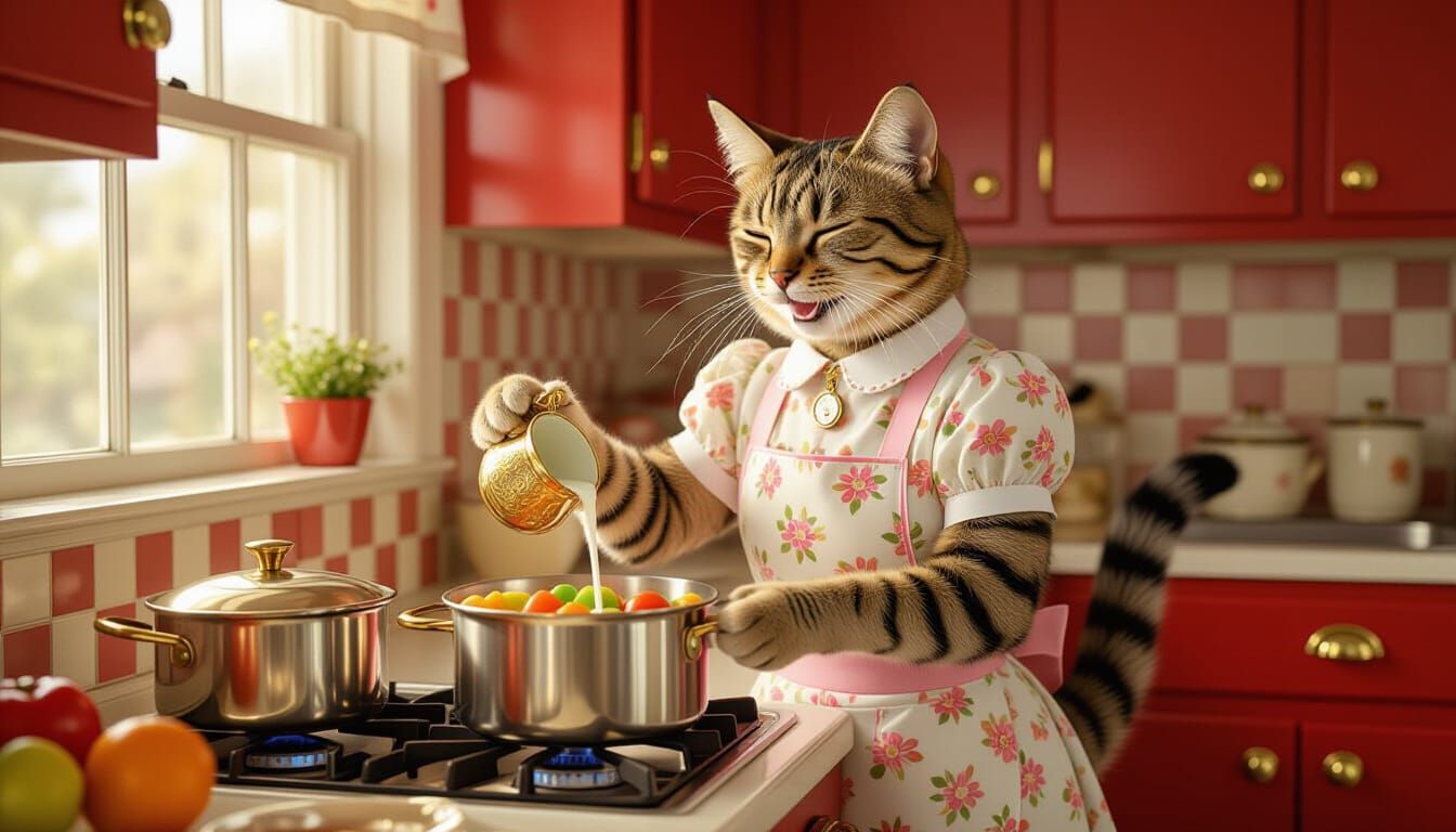 1950s Tabby Cat Chef in Photorealistic Kitchen