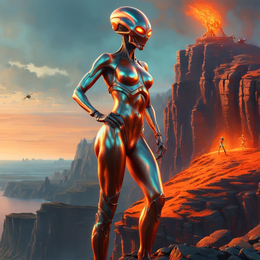 Alien Warrior on Fiery Landscape: Digital Matte Painting