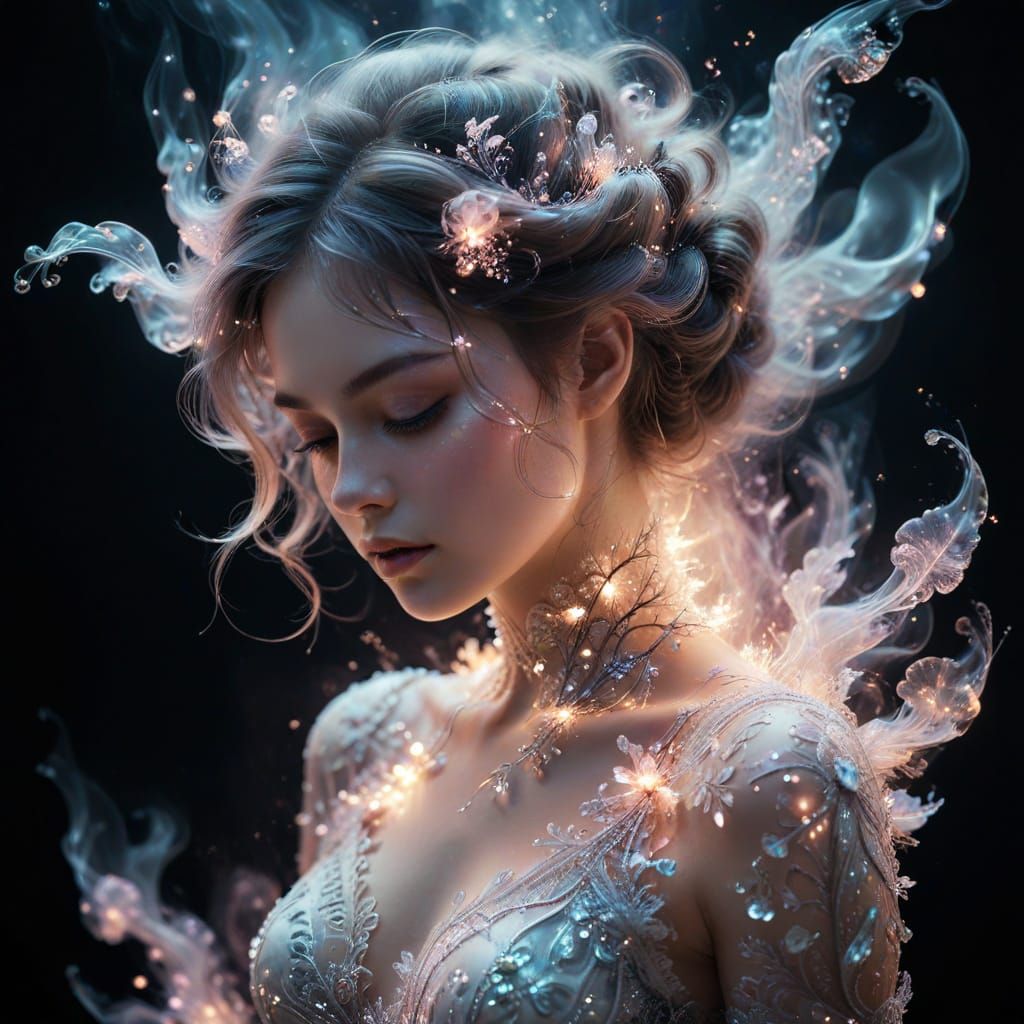 Magical Woman Portrait with Iridescent Silk Flowers