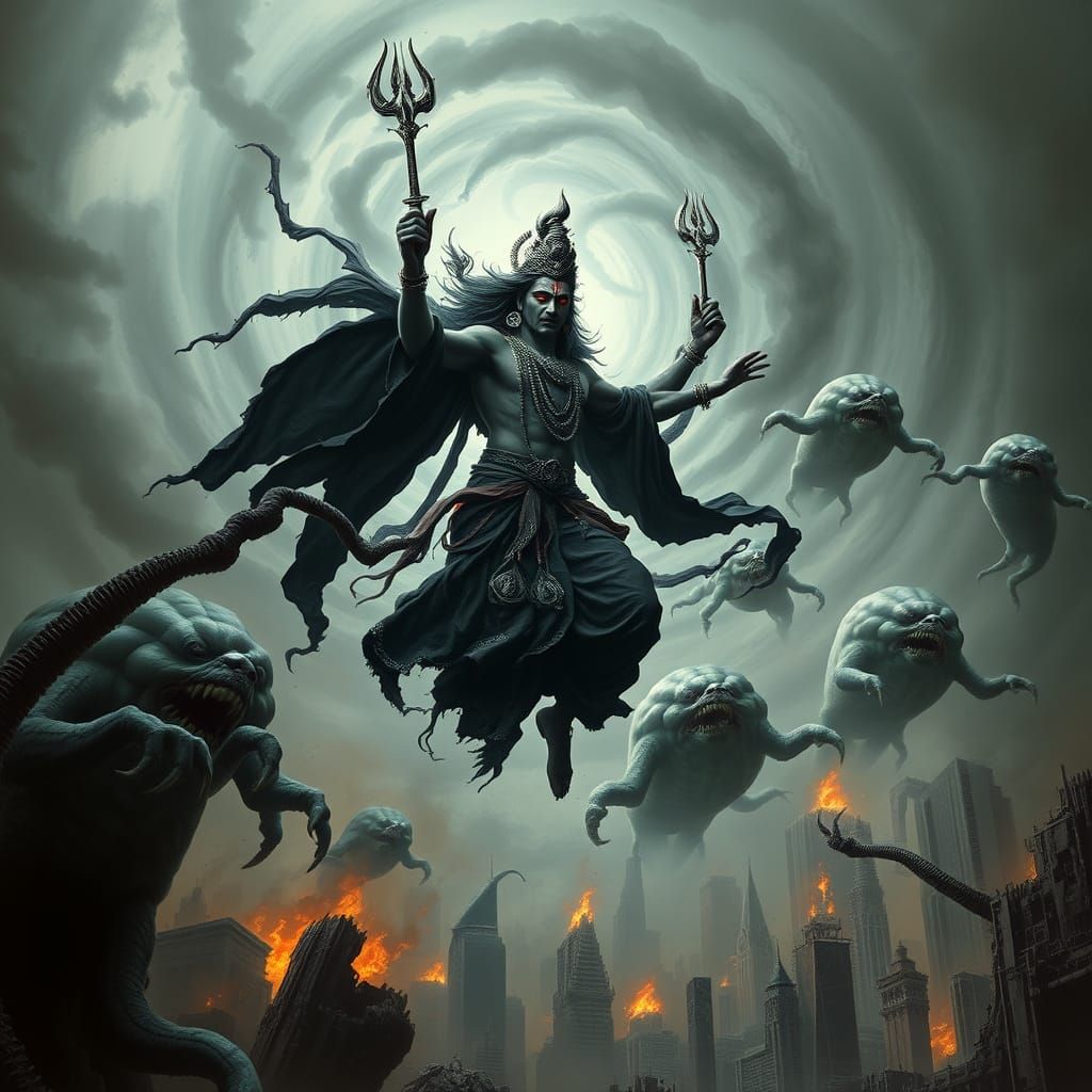 Ethereal Lord Shiva Confronts Lovecraftian Entities in a Dar...