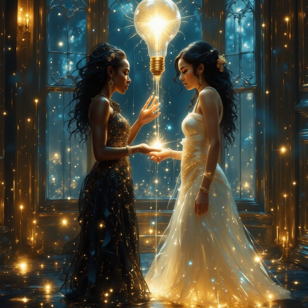 Girls Manipulating Electricity in Futuristic Neon Landscape