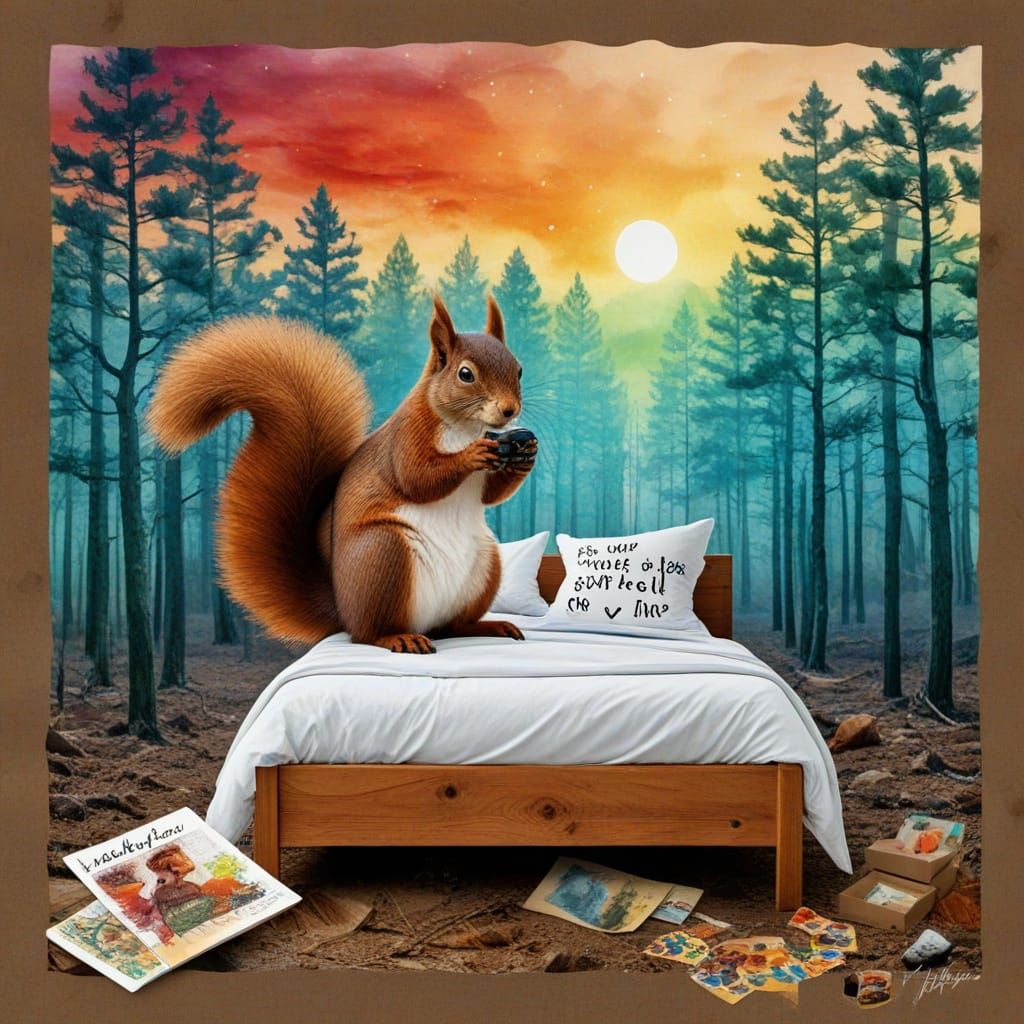 Whimsical Forest Scene with Squirrels in a Surreal Landscape