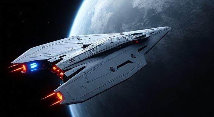 Sleek Starship Banks Past Gas Giant