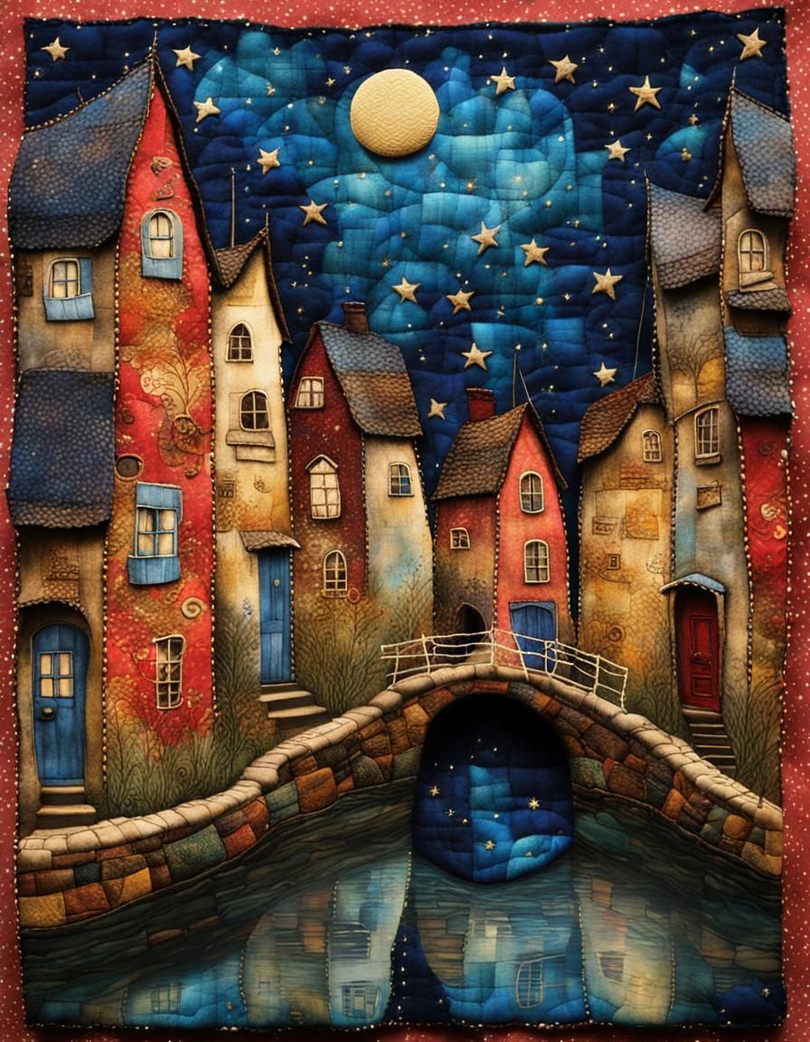 Mystical Canal Fabric Collage in Mixed Media