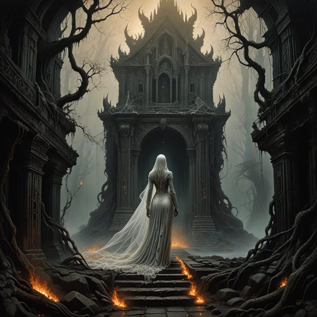 Mystical Woman in Gothic Gown Approaches Burning Shrine in D...