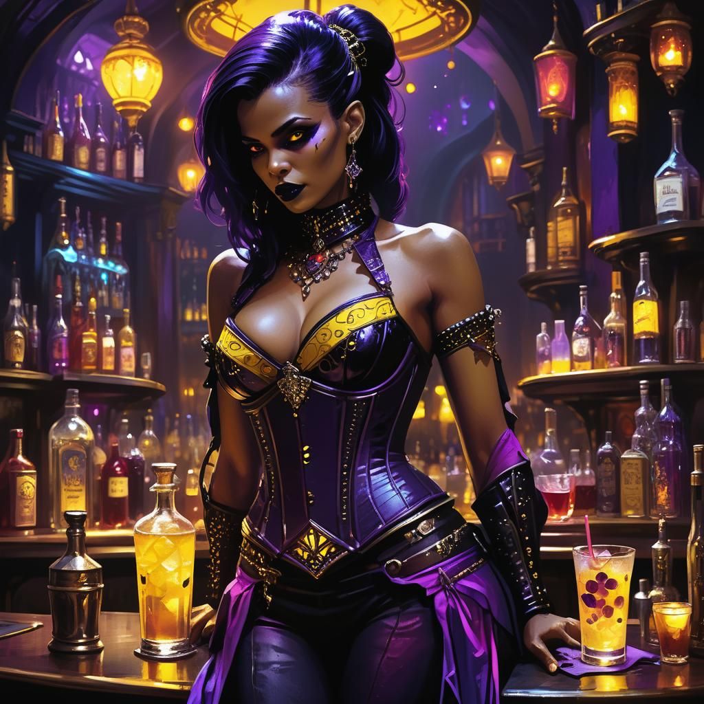 Exotic Space Vampire in Ornate Bar, Fantasy Art
