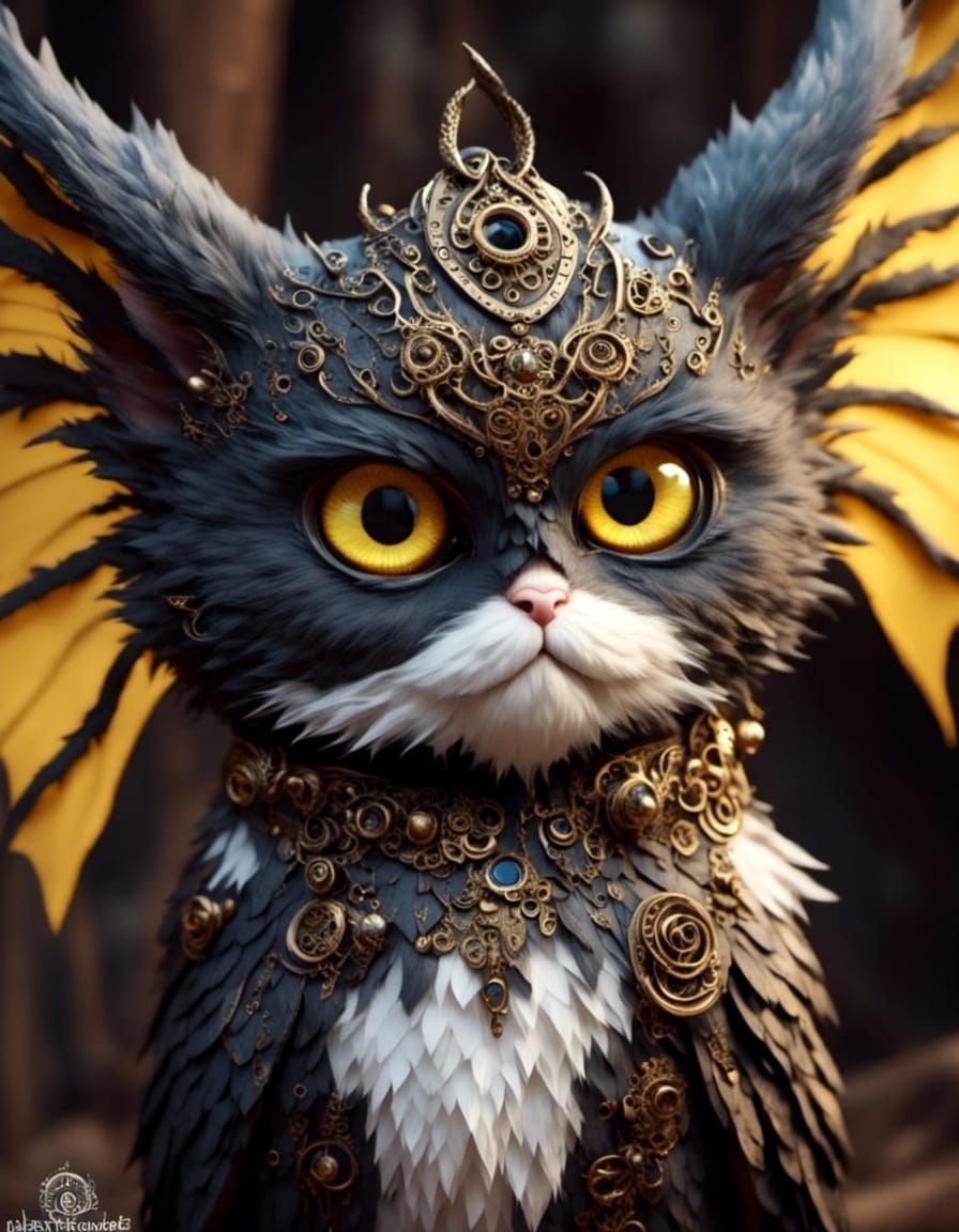 Dragon Cat-Owl Hybrid with Yellow Eyes in Steampunk Style