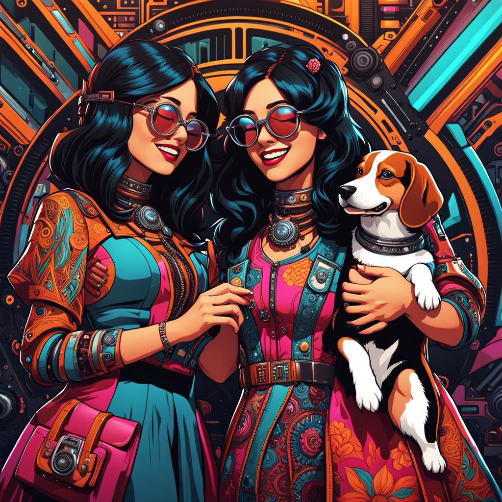 Girls Cuddle Puppy in Dieselpunk Cybernetic Style