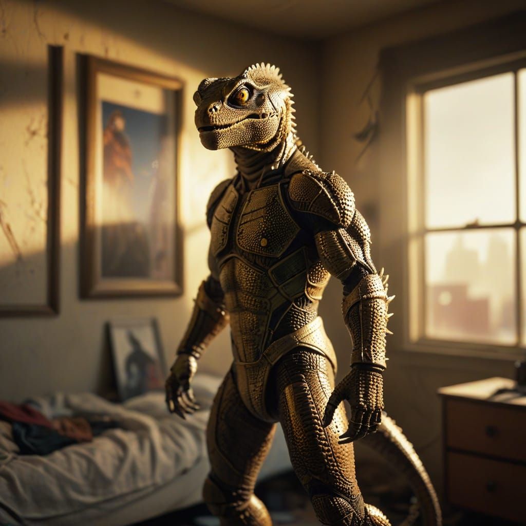 80s Lizard Rapper Action Figure in Gritty Bedroom