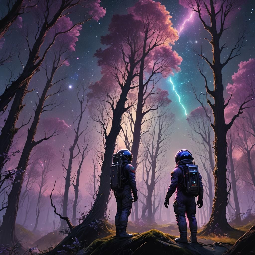 Astronaut in Mystical Forest with Floating Stars