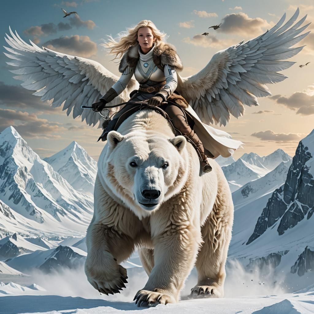 Valkyrie on Winged Bear in Arctic Landscape