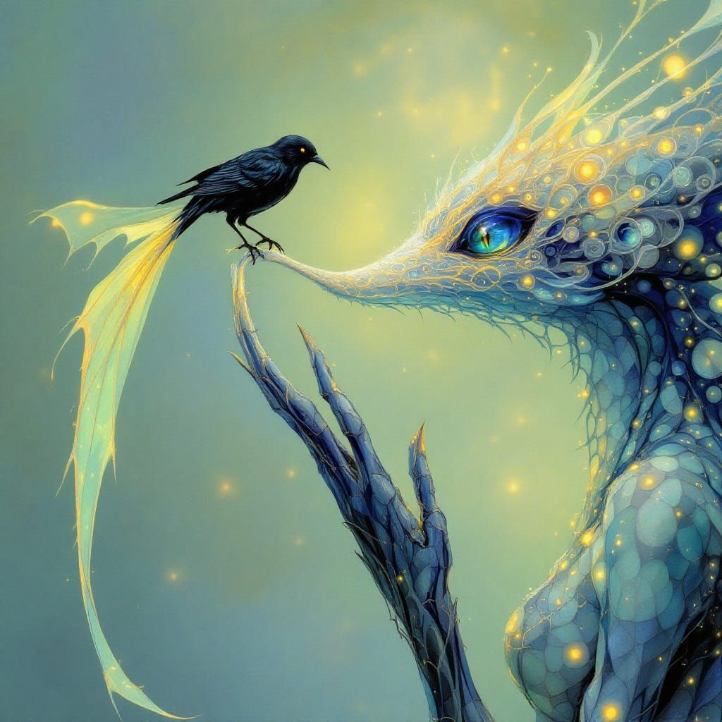 Ethereal Creature Gently Gazes at Black Bird