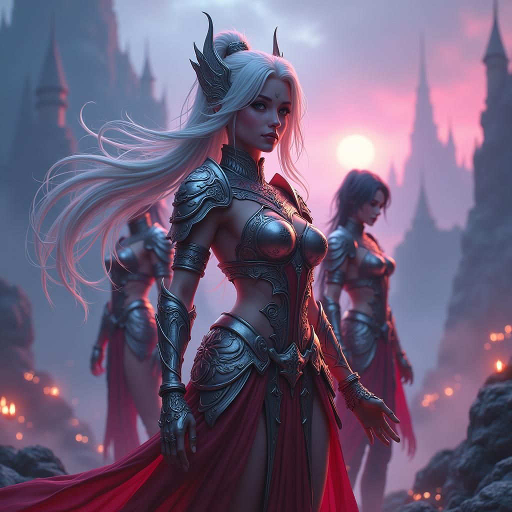 Anime Woman Warrior in Fantasy Landscape