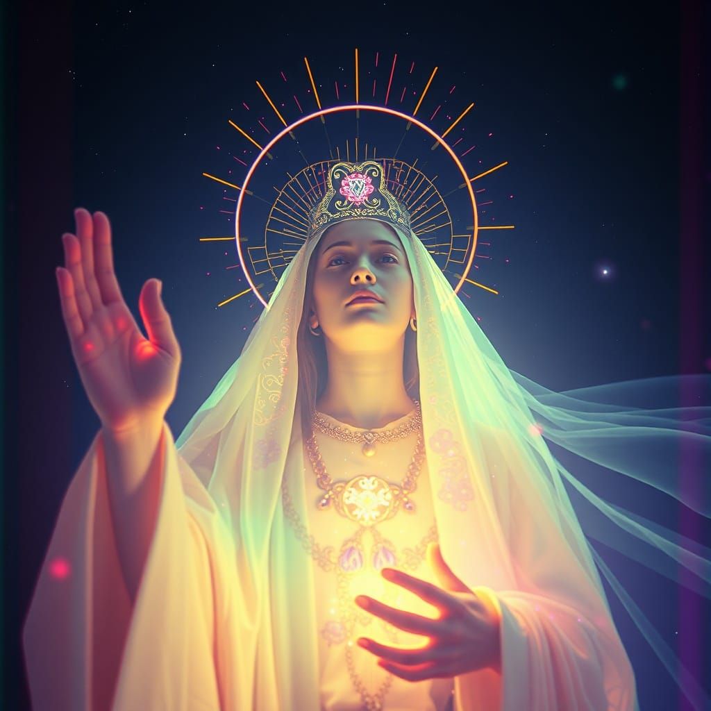 Radioactive Glitchcore Saint in Biophilic Art