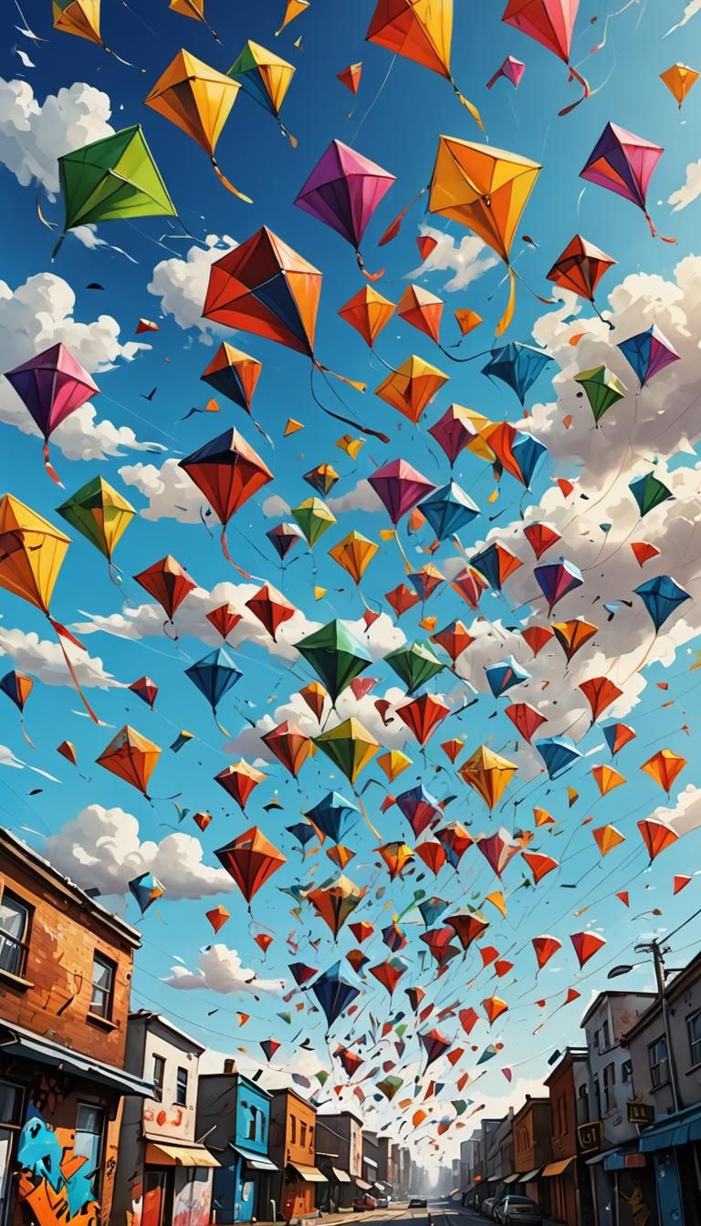 Kites Flying in Wind: Graffiti Art Style