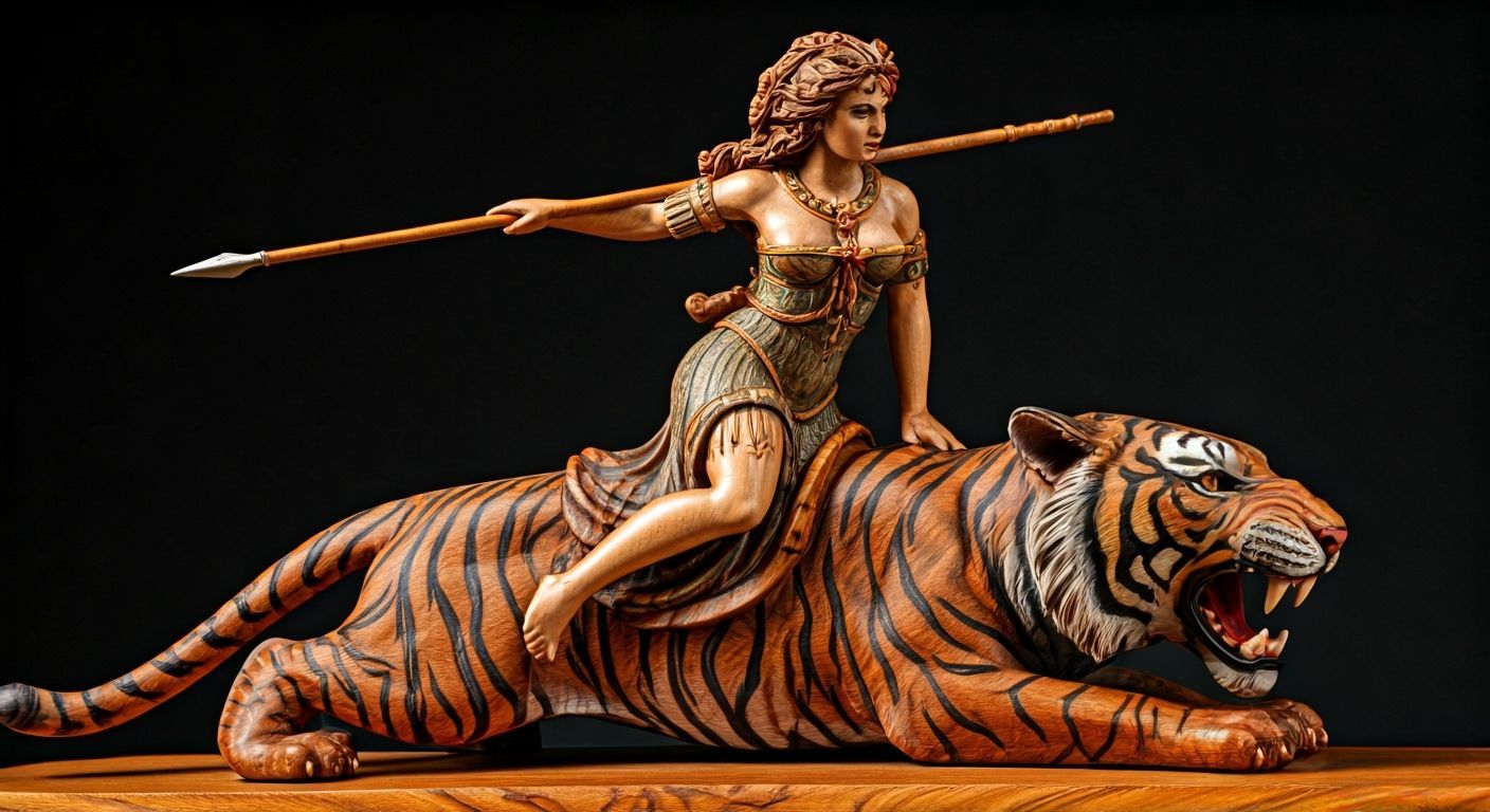 Huntress Riding a Tiger Sculpture in Frazetta Style