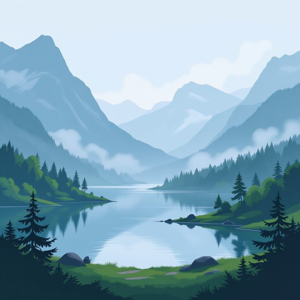 Dreamy Landscape with Misty Mountains and Tranquil Lake