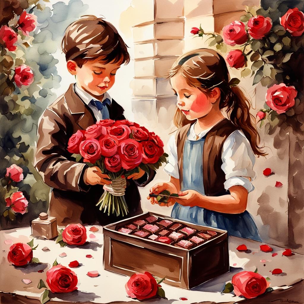 Boy Gives Chocolates and Roses: Watercolour Painting
