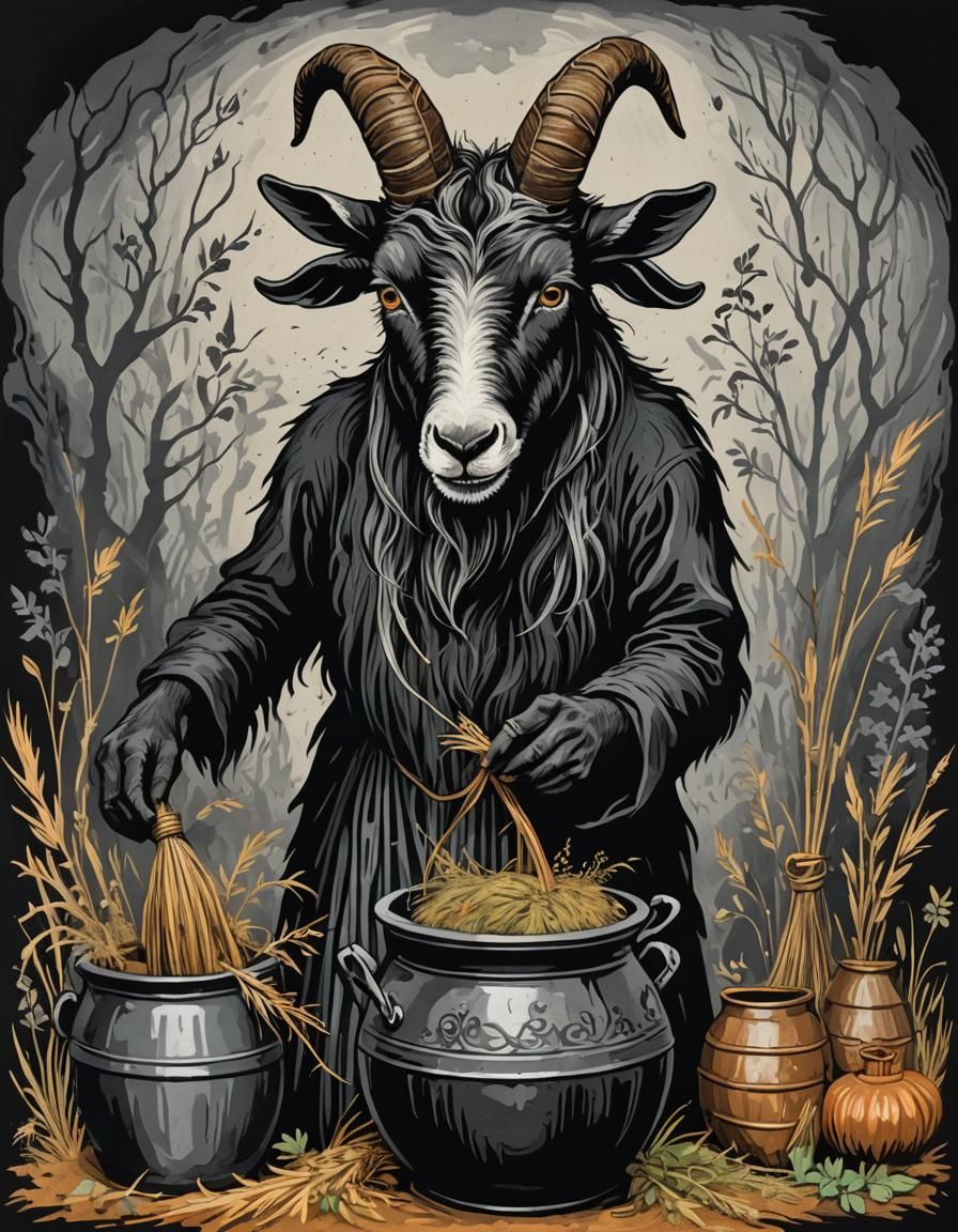 Eerie Demonic Goat Portrait in Folk Art Woodcut Style