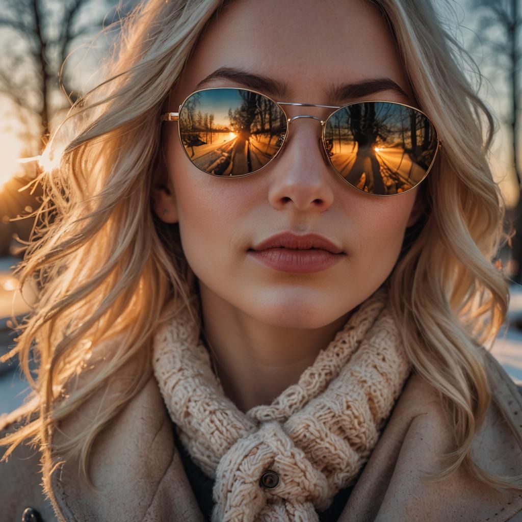Winter Sunset Reflected in Sunglasses: Hyperrealistic Close-...