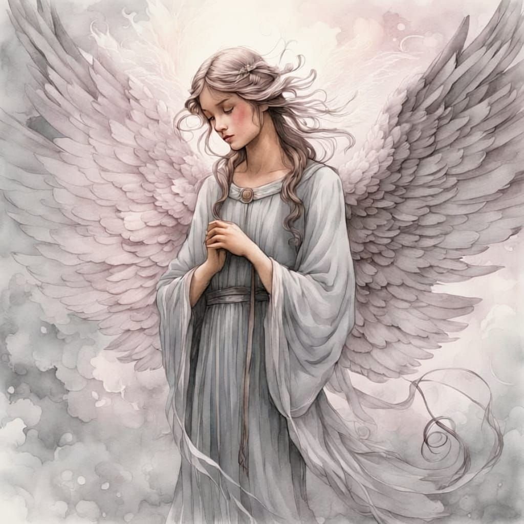 Angel with Delicate Wings in Watercolor Style
