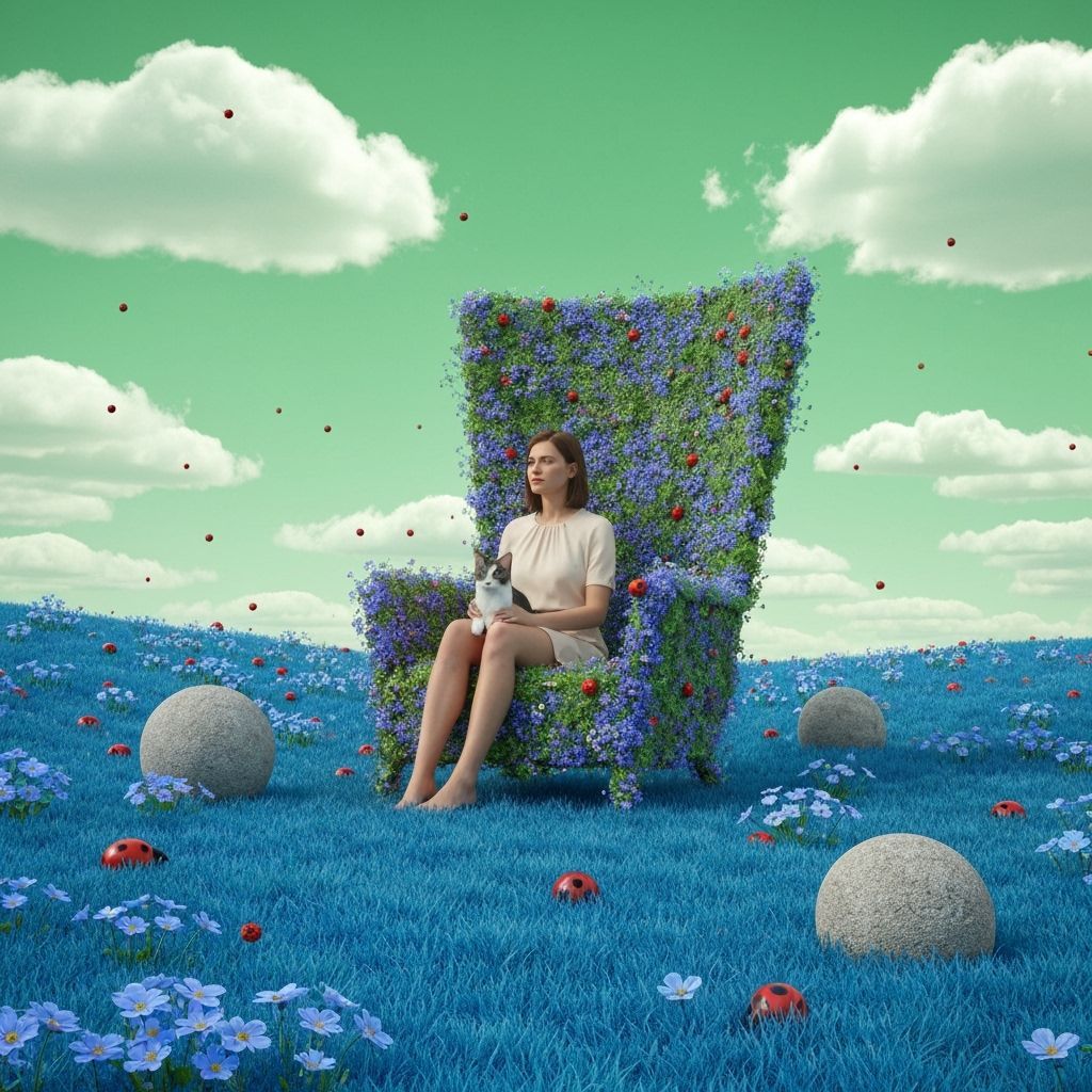 Surreal Flower Chair with Woman, Cat, and Blue Landscape