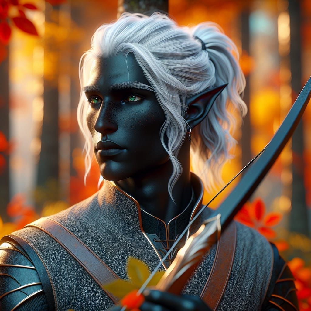 Drow Elf Hunter in Autumn Woods: Hyperrealistic 3D Art