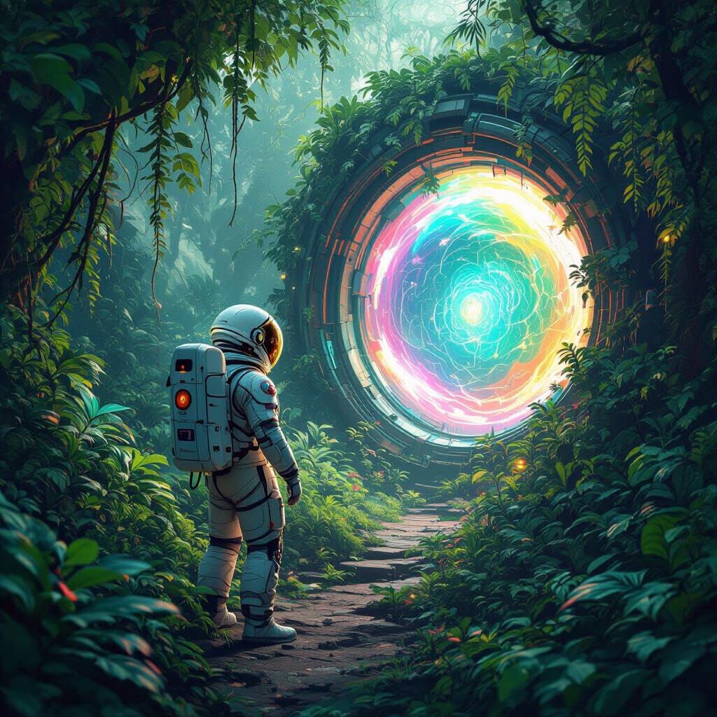 Astronaut Finds Portal in Alien Jungle, Matte Painting