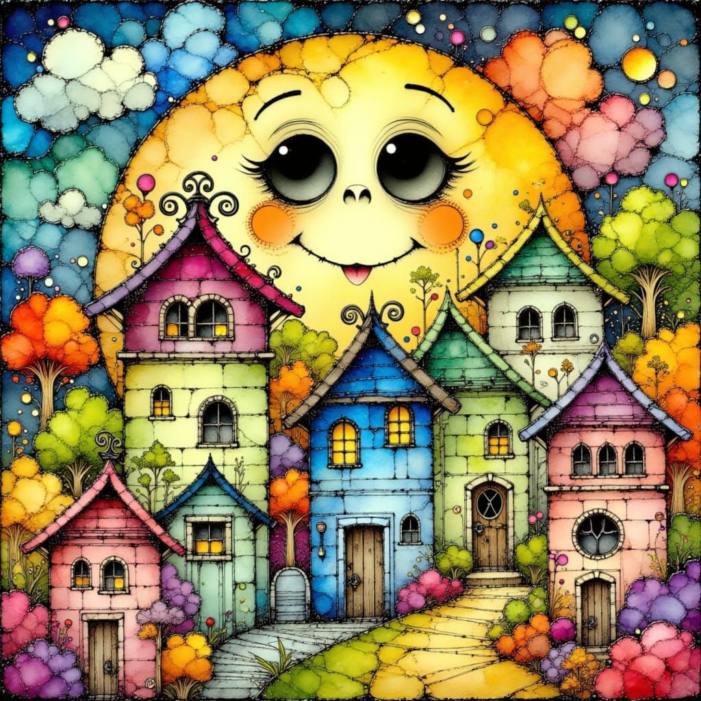 Colorful Cartoon Townhomes with Comical Moon Backdrop
