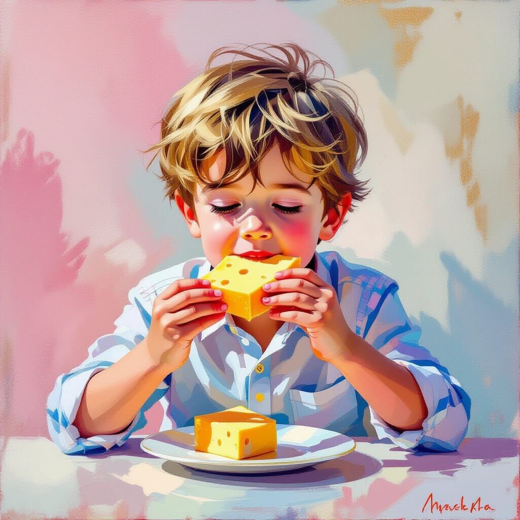Boy Eating Cheese in Impressionistic Style