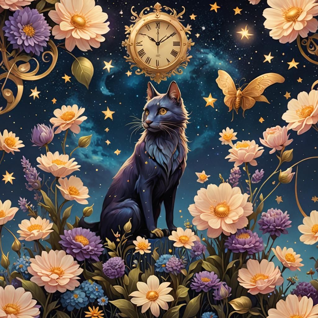 Whimsical Creature in Starry Garden, Surreal Art