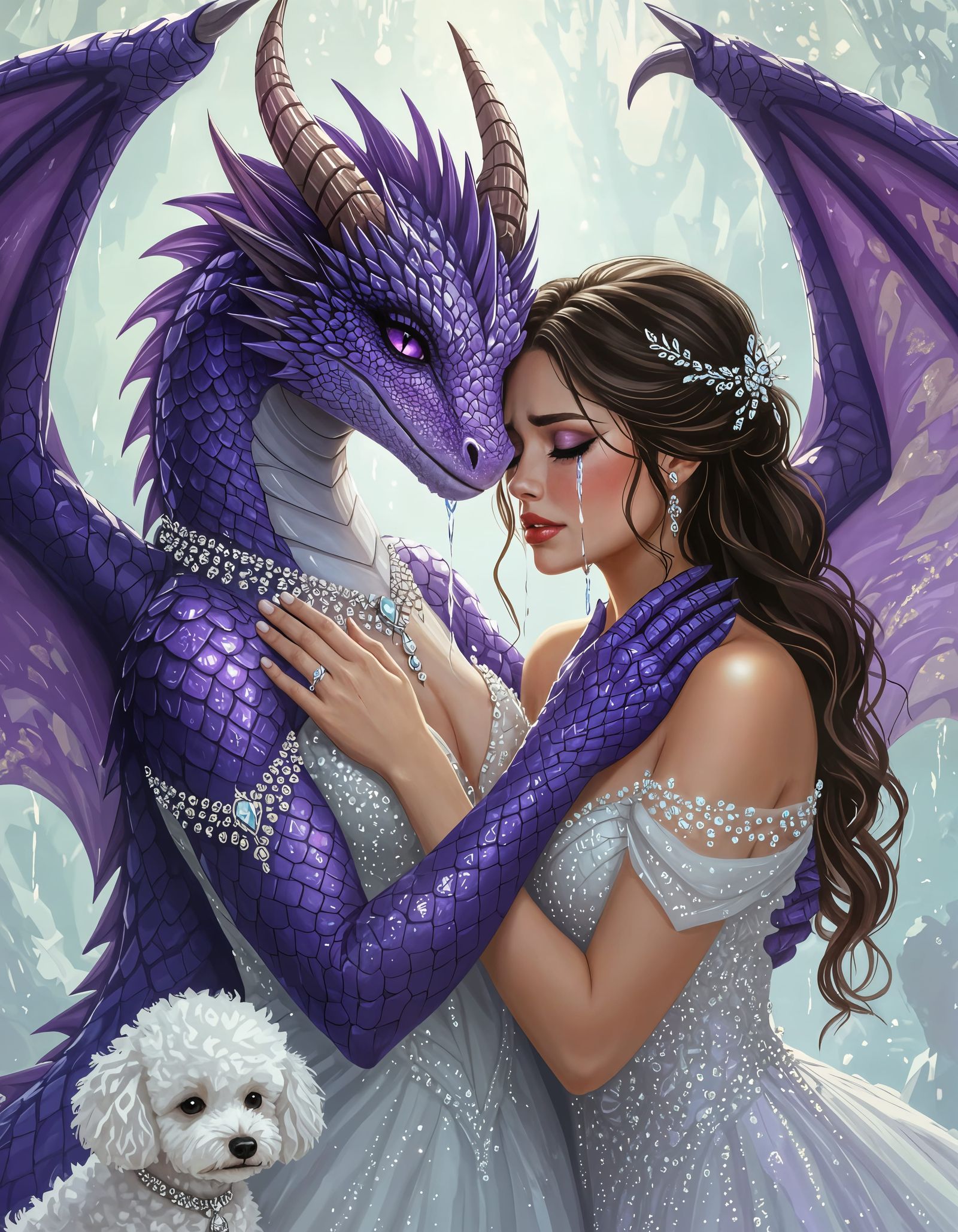 Crying Dragon Comforts Woman with Poodle
