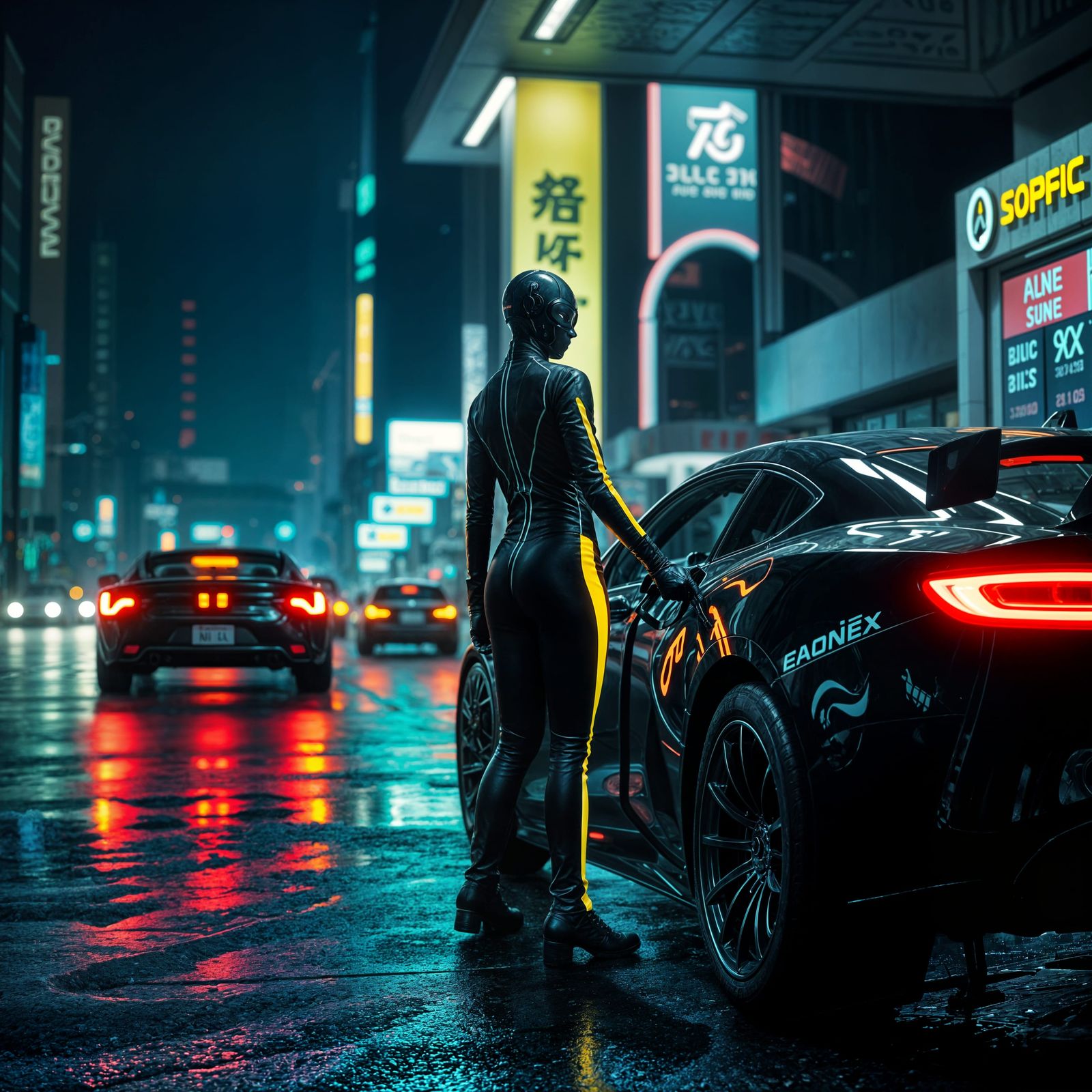 Neon Alien Gas Station in a Metropolis