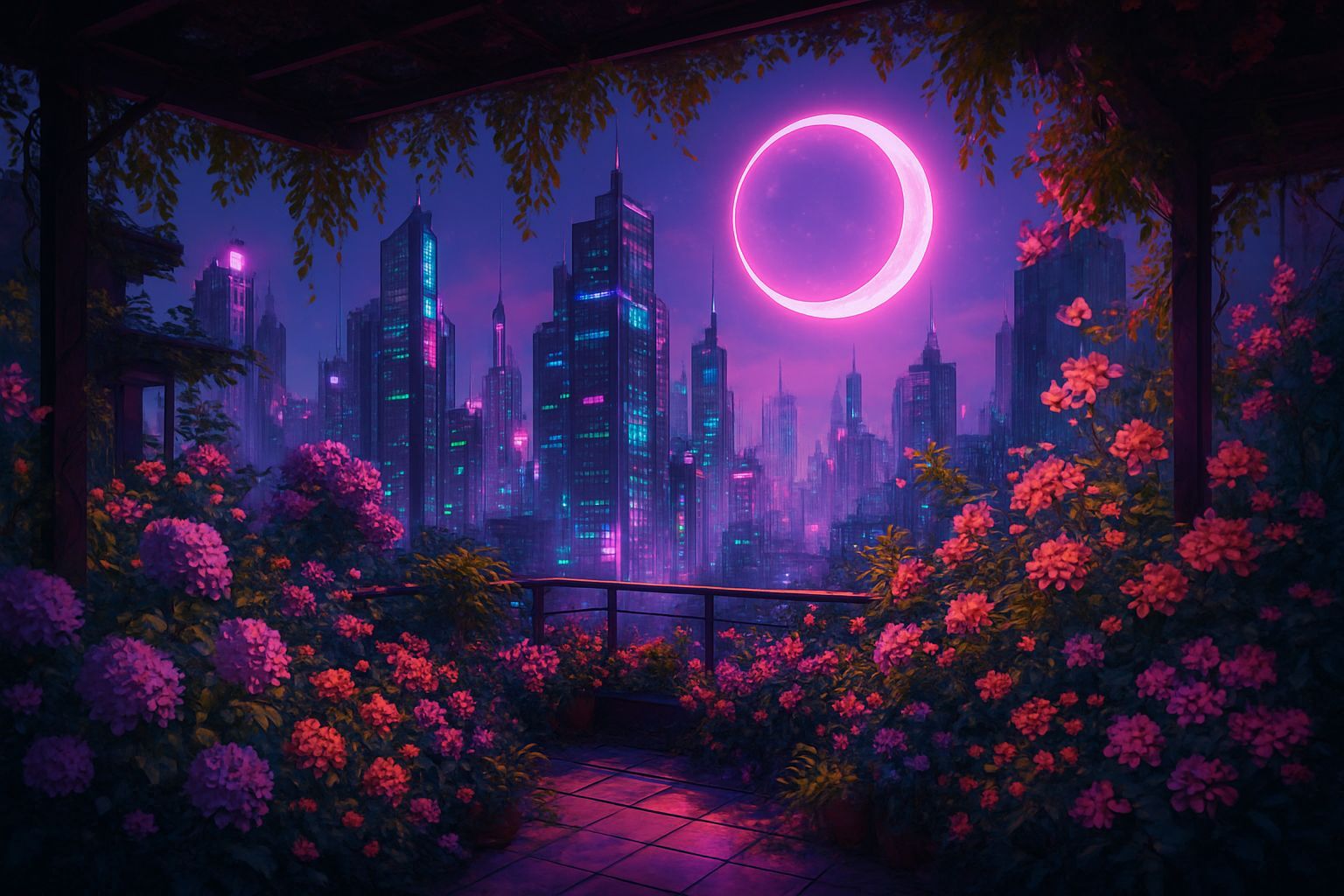 Cyberpunk Cityscape Under a Neon Moon