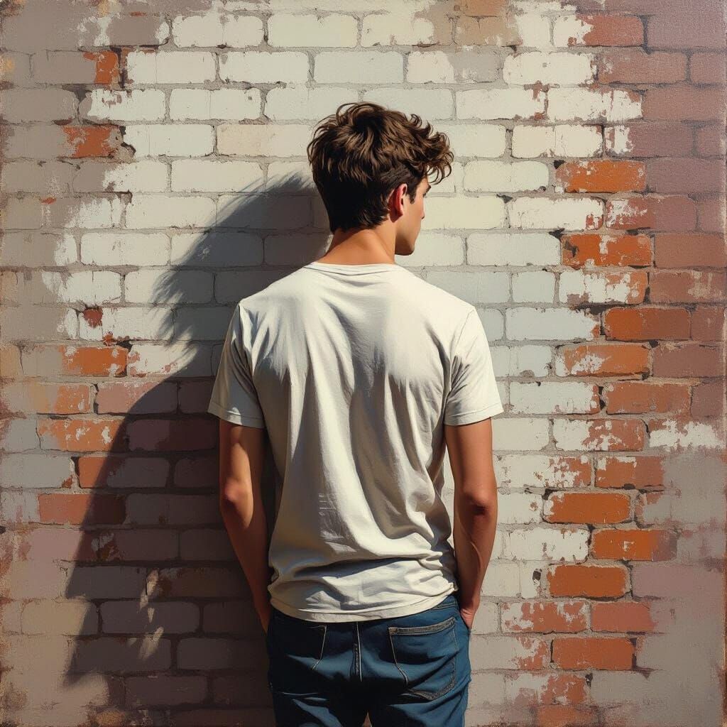 Young Man Facing Brick Wall in Expressive Style