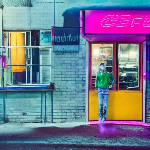 Goth Model in Neon-lit Coffee Shop