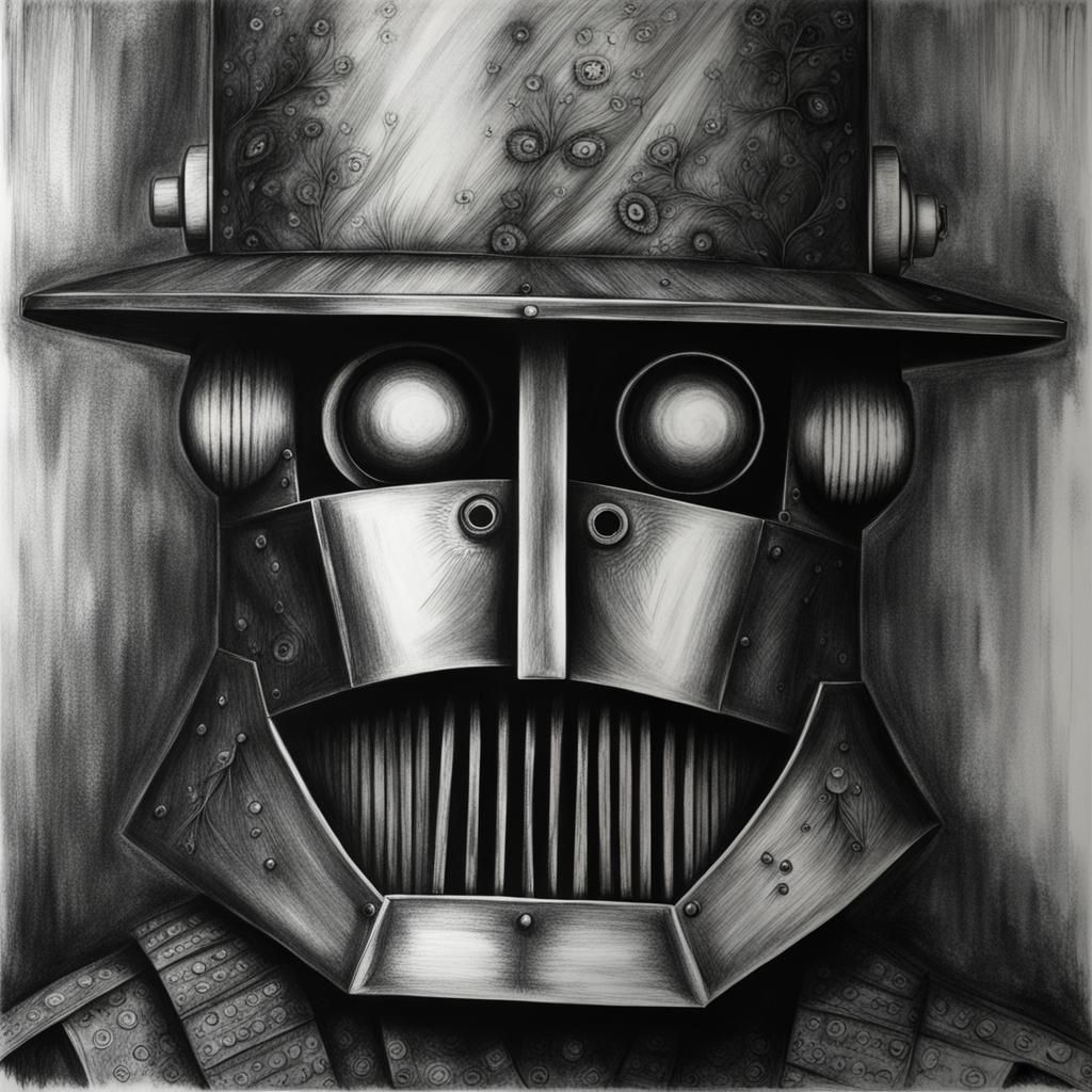 Robotic Ned Kelly: Hyperdetailed Charcoal Drawing