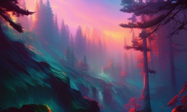 Colorful Ink Flow Landscape in Gouache Style