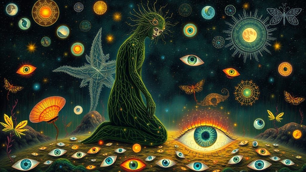 Digital Collage of Glowing Bio Art Creatures in Cosmic Realm...