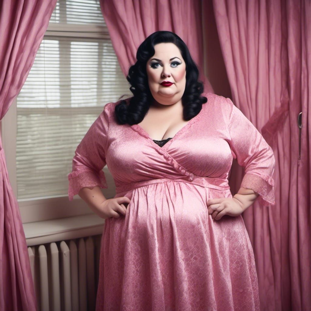 Curvy Granny Opens Curtains in Pink Nightie
