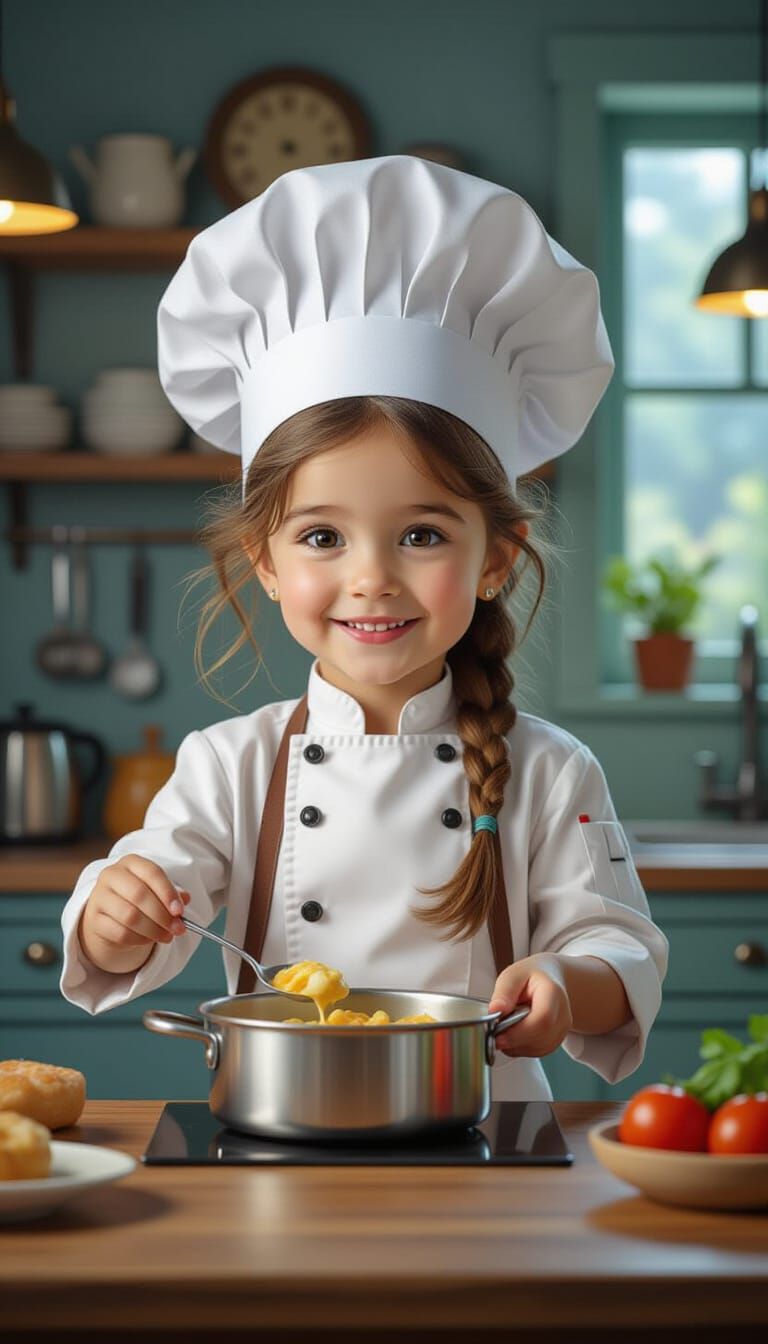 Young Chef Presents Recipe in Fantasy Kitchen Art
