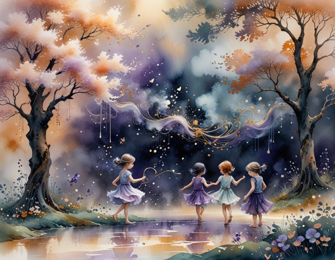 (children playing:1.2), Natasha Wescoat and Willem Haenraets, (arabesques in the fog:1.5), nacre and amethyst dominant, ...