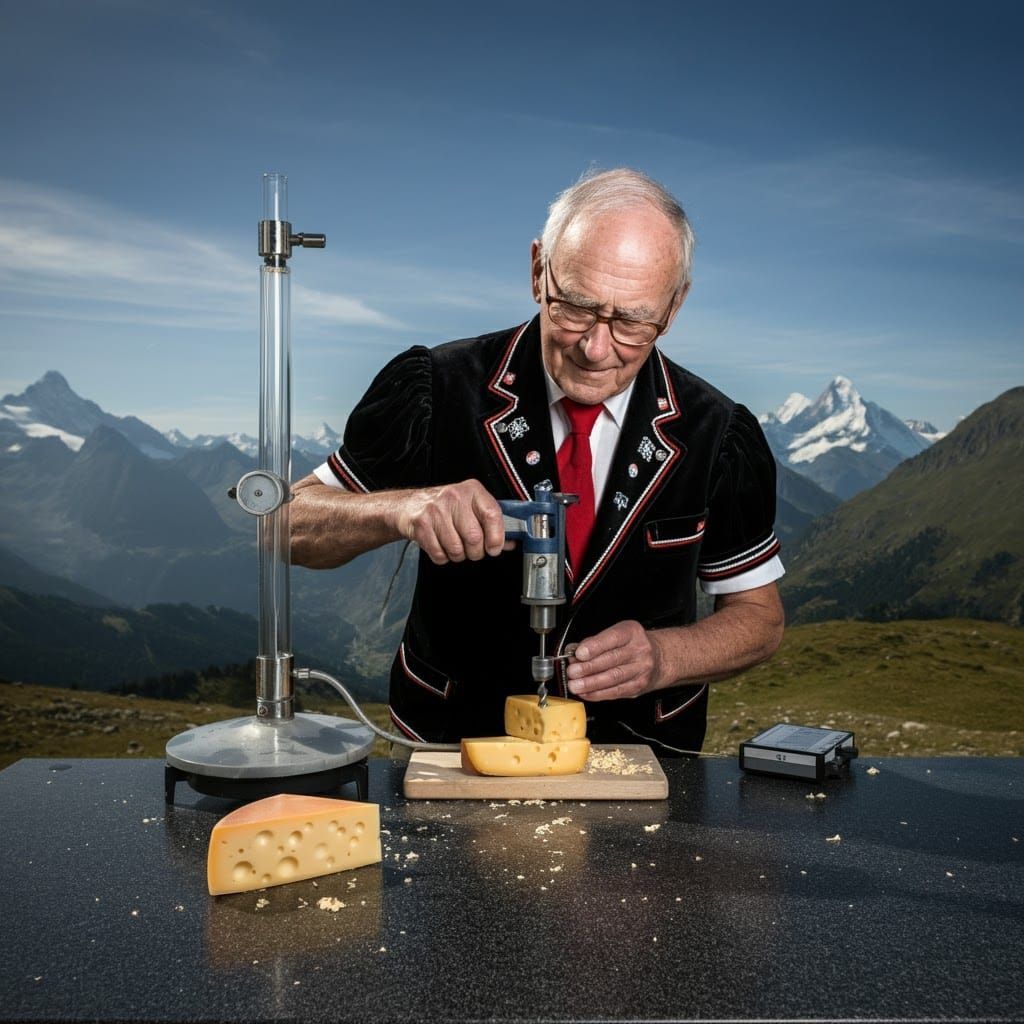 Swiss Man Drills Cheese in Alpine Lab