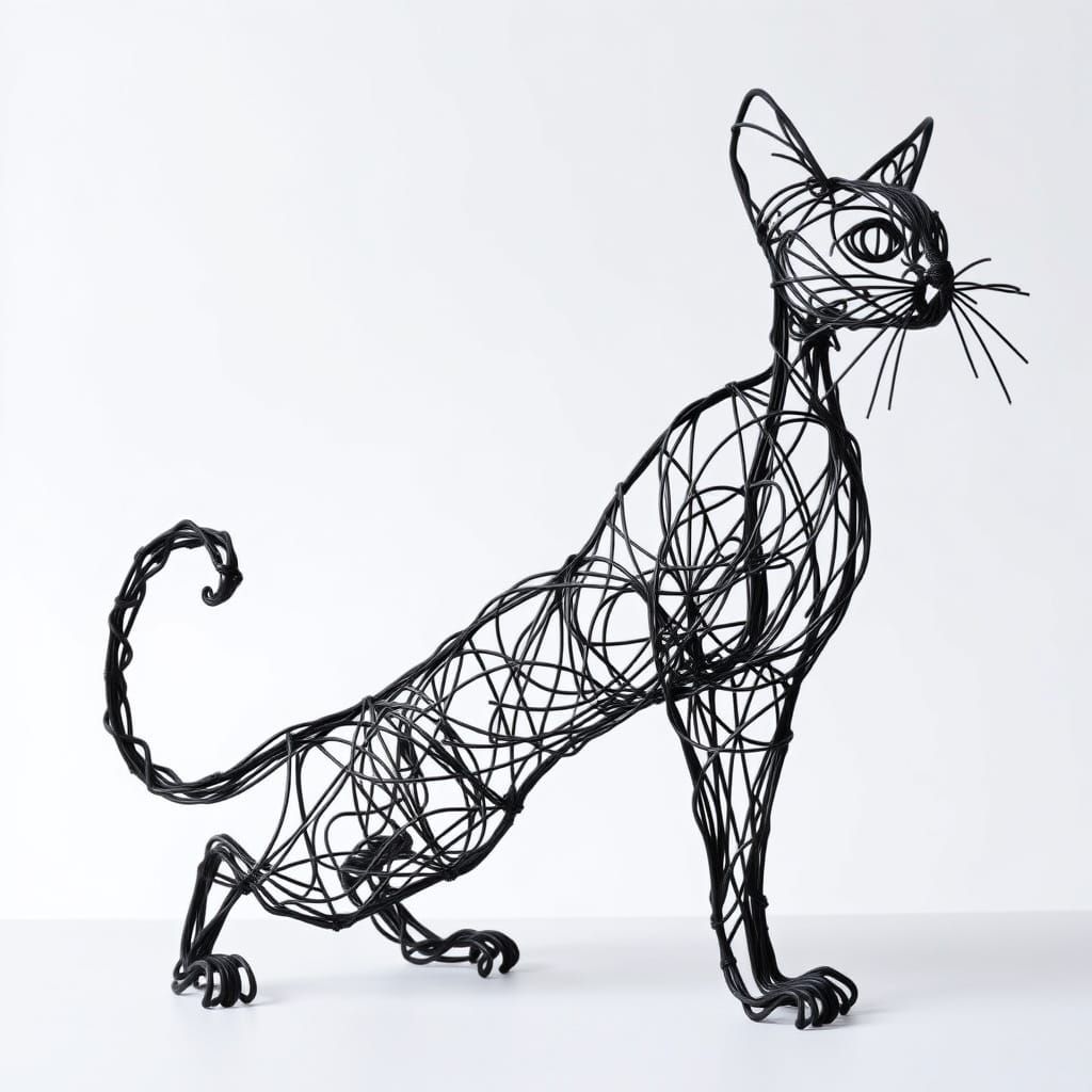 Minimalist Metal Wire Cat Sculpture in Giacometti Style