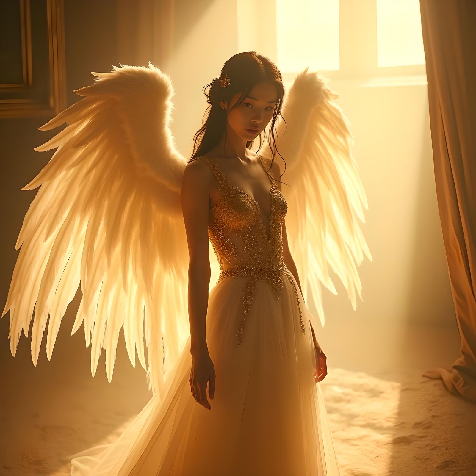 Dreamlike Asian Angel with Glowing Wings