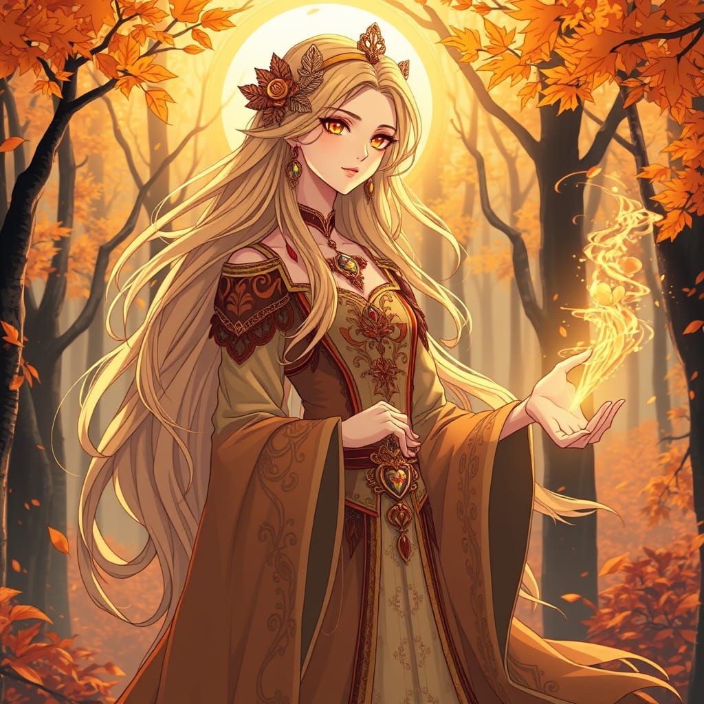 Ethereal Anime Goddess of Thanksgiving in Autumn Forest