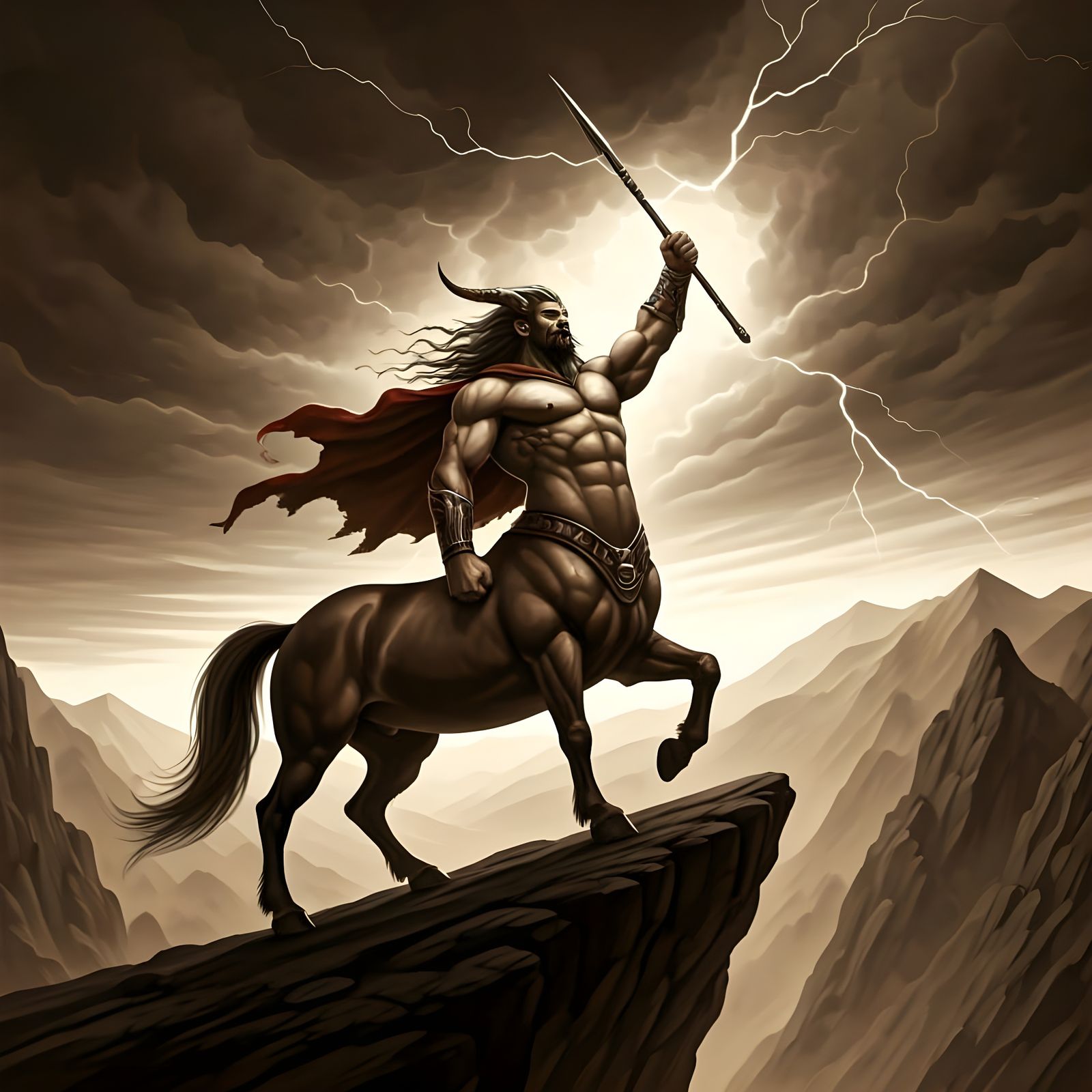 Centaur on Cliff Edge in Dramatic Charcoal Drawing