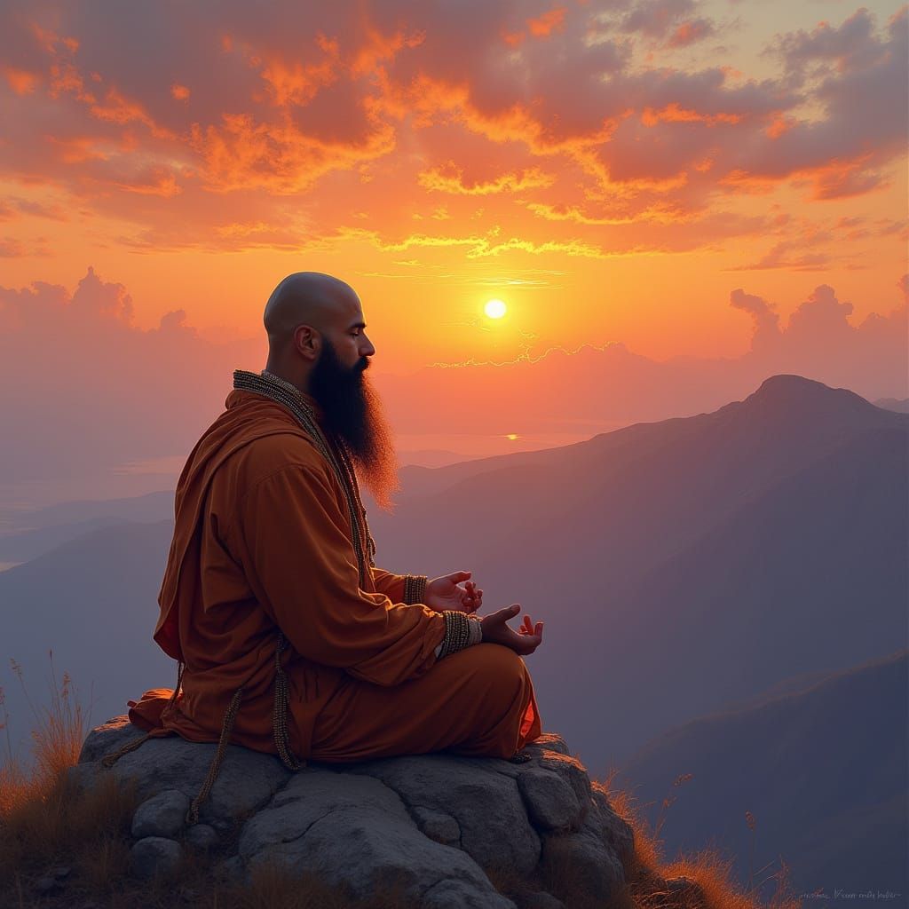 Meditating Man at Sunset: Spiritual Landscape Art